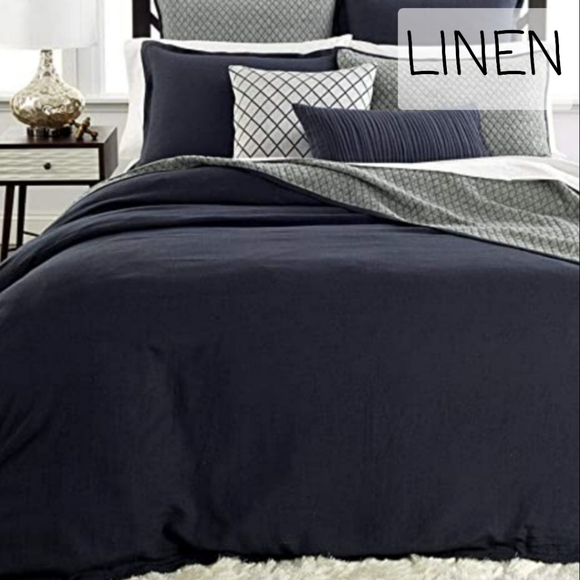 Hotel Embroidered Queen Linen Duvet Cover 2 Standard shams Indigo Blue MSRP$625